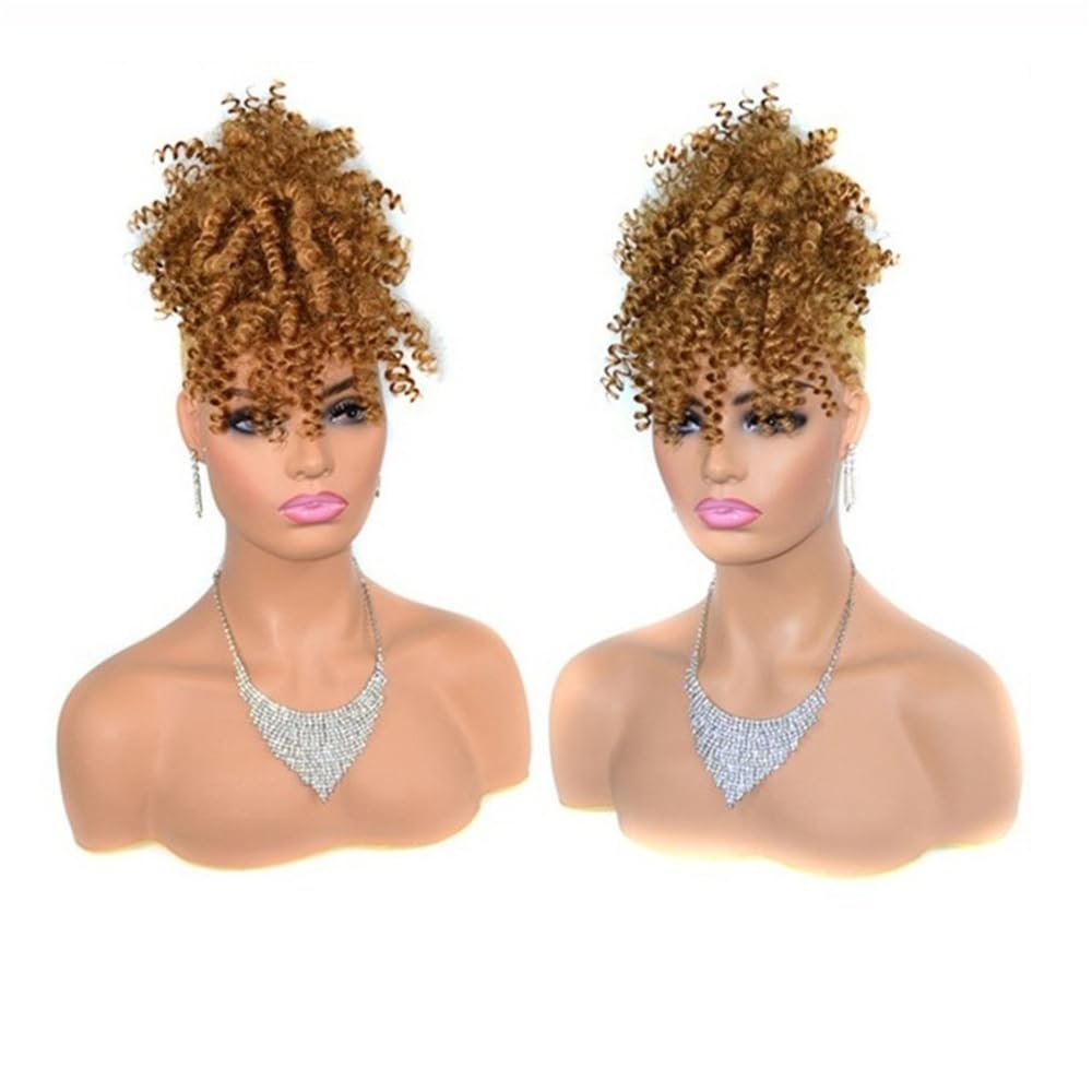 MENGLI-2024 Hair Bun Hairpiece Afro Puff Bun with Bangs Short Afro Kinky Curly Hair Chignons Synthetic Drawstring Ponytail Hair Extention Women Chignon(Dark Blonde)