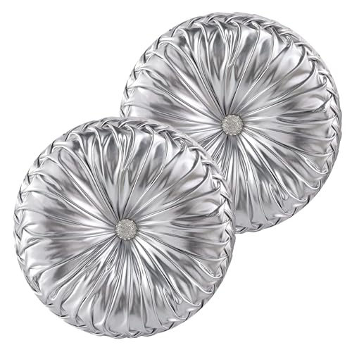 Image of HIG Set of 2 Handcrafted Silver Ruched Round Throw Pillows - 14.5'' Metallic Leather Decorative Pillows with Soft Polyester Filling for Couch, Bed, Living Room, Bedroom, or Dorm