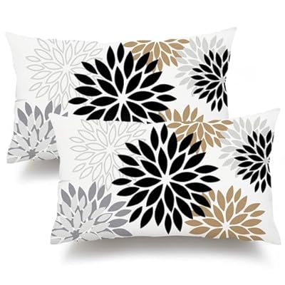 DFXSZ Black Brown Pillow Covers 12x20 Inch Set of 2 White Gray Flower Throw Pillows Farmhouse Outdoor Modern Floral Linen Square Cushion Case Decor for Living Room Sofa Patio Funiture Garden 002B