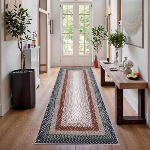 GAOMON Runner Rug 2x6 Braided Print Washable Rugs Non-Slip Hallway Runners Entryway Rug Ultra-Thin Farmhouse Kitchen Mat Bedroom Bedside Laundry Distressed Rugs Non-Shedding Accent Carpet Blue/Red