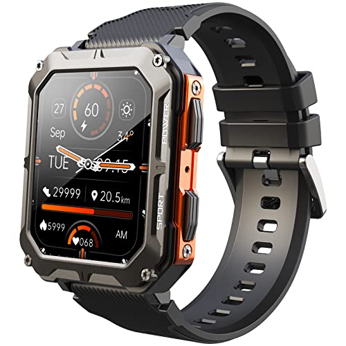 WalkerFit M2 Rugged Smart Watch for Men, Military Smartwatch for Android Compatible with iPhone,Fitness Watch for Blood Pressure Monitor,with Text and Call,IP68 Waterproof,1.8" Big Screen Watch,Orange