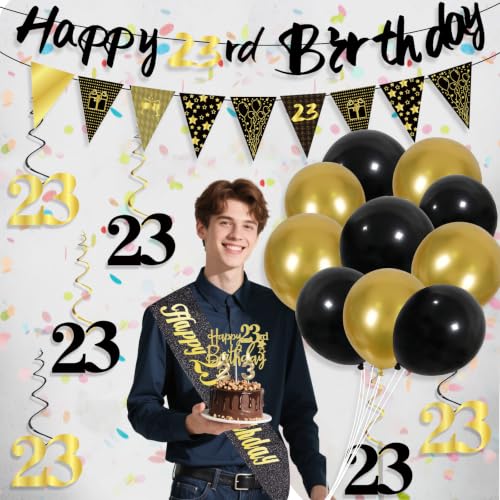 Image of 23rd Birthday Decorations for Men, Black Gold 23rd Party Decoration Kits | 27pcs Happy 23rd Birthday Set, Banner, Honeycomb, Balloons, Gold Number, Candle, Hanging Swirls, Cake Topper, Party Supplies
