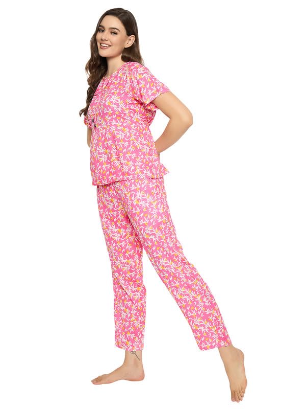 Image of Clovia Women's Rayon Printed Top & Pyjama Set- Pink