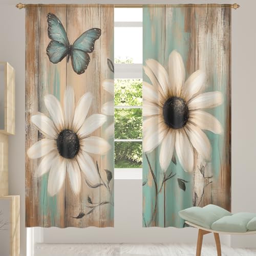 Mexpekil Par de cortinas semitransparentes de gasa de madera con diseño de margaritas retro de 78 pulgadas de largo, para sala de estar, dormitorio, cocina en casa, 55 pulgadas de ancho, 2 paneles