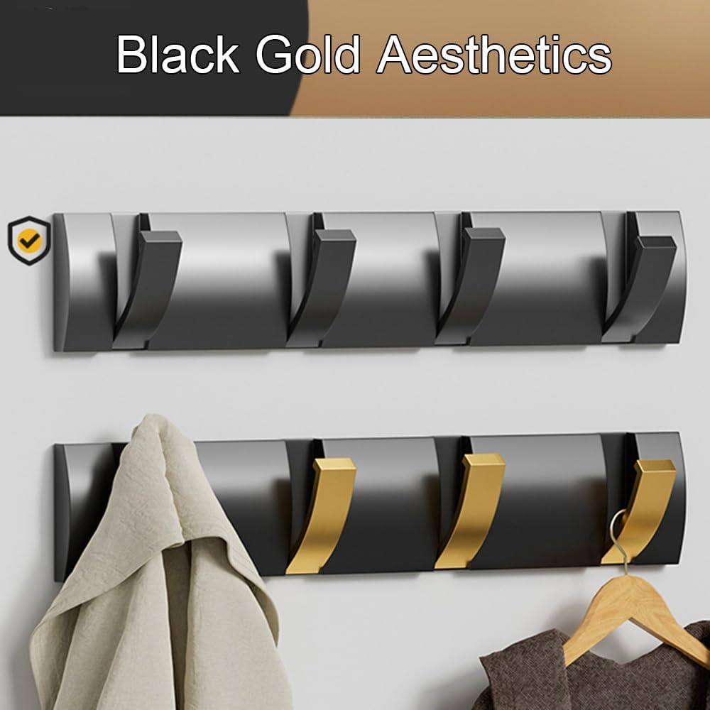 Wall Hook，Door Hook, Folding Hideaway Coat Hooks, Aviation Grade Aluminum, Modern, Sleek, Space-Saving Coat Hanger, Retractable Fold Down Hooks, 3-8 Hooks Hooks(Black,6 Hooks)