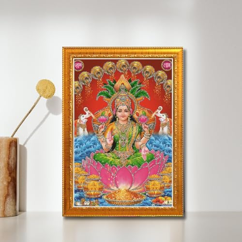 Image of CRAFT QUEST Lakshmi Devi Wall Painting Photo Frame for Diwali Pujan (Synthetic, Golden, Sparkle Finish, Small Size, 8 X 6 Inch)