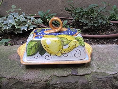 generico Tuscan ceramic butter dish handmade, hand painted with lemons design, white,yellow,blue,green