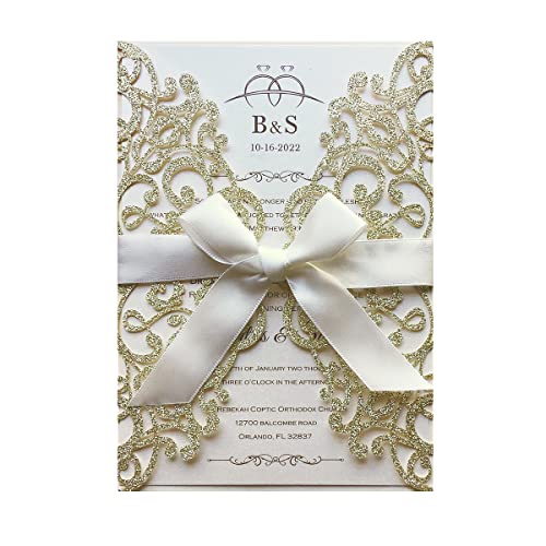 Cartes d'invitation de mariage dentelle laser avec rubans blancs pour grand dîner