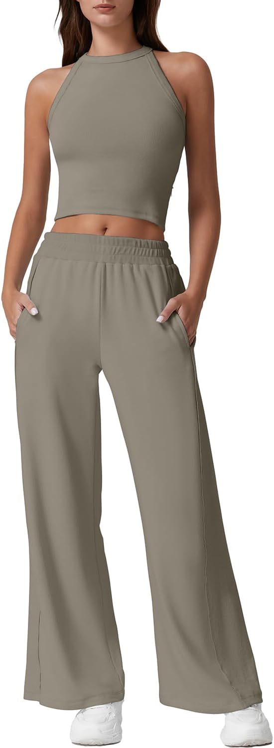 QINSEN Women's 2 Piece Sets Summer Ribbed Knit Crop Tank Tops Wide Leg Pants Sleeveless Tracksuit