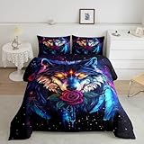 Picture of Wolf Flowers Kids Full Comforter Sets,Wolf Dream Catcher Reversible Bedding Set for Boys Men Teens,Dreamy Galaxy Sky 3 Pieces Quilt Sets,Ethnic Tribal Wildlife Duvet Insert,2 Pillow Cases