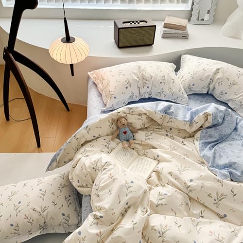 Covebett Housse de Couette 220x240cm Bleu Blanc Fleurie Floral Réversible Parure de lit Adulte 2 Personnes Feuilles en Microfibre Linge de lit avec Fermeture Éclair et 2 Taie d'oreiller 65x65cm