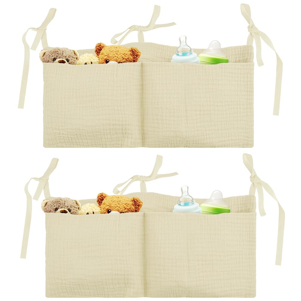 2 Stück Babybett Organizer Hängend Milchweiß, Betttasche aus Baumwolle für Gitterbett & Wickeltisch, Große Wickeltisch Organizer zum Anhängen für Windeln & Spielzeug, Babyzimmer Aufbewahrung Zubehör
