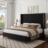 Vcooved Queen Size Bed Frame with 62' Tall Velvet Wingback Headboard, Button Tufted Upholstered Platform Bed, No Box Spring Needed, Noise Free, Easy to Assemble, Black