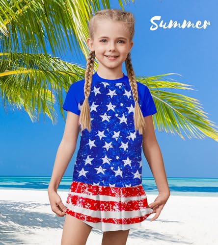 Image of Girls Rashguard Set Flowy Skirt with Butterfly Short Print Short Sleeve Shirt Non-See Through Swimsuit 3-12 Years