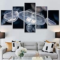 SIGNWIN 5 Panel Canvas Wall Art Group Jellyfish Marine Life Multicolor Photography Realism Tropical Ultra Whimsical for Home Decorations Ready to Hang - 60