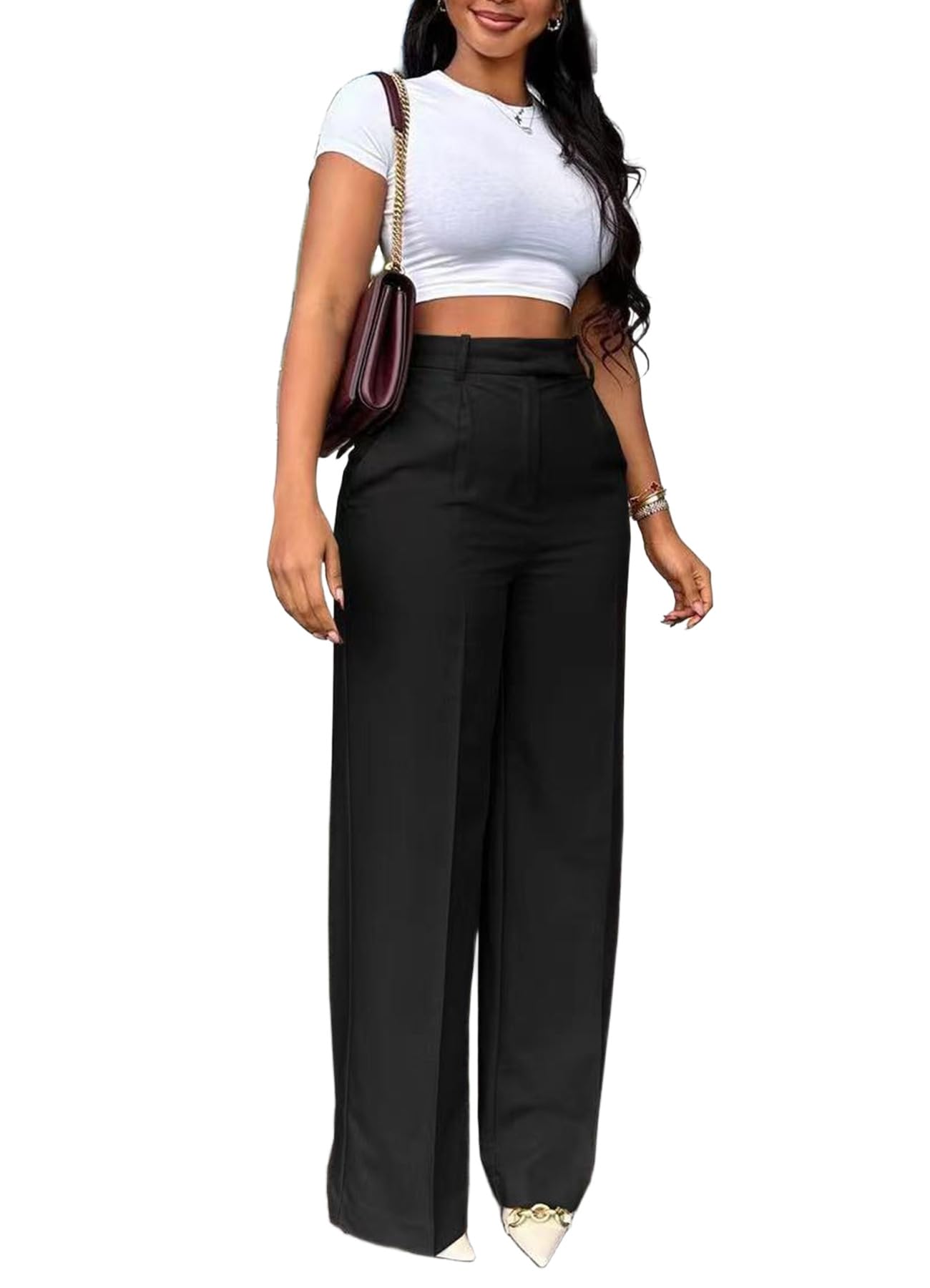 Womens Wide Leg Dress Pants Casual Baggy Straight Leg Office Business Slacks Dressy Trousers with Pockets