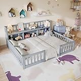 WSOFZMO Kinderbett mit Massive Kiefernleisten, Bodenbett 140x200 mit Stauraum, Montessori Bett Gitterbett mit Rausfallschutz & Lattenrost, für Kinderzimmer, Ohne Matratze (Bodenbett 140 * 200cm Grau)
