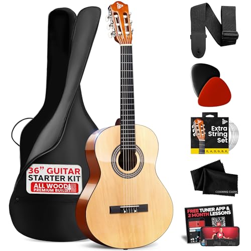 Pyle Beginner Acoustic Guitar Kit, 3/4 Junior Size All Wood Instrument with Full Accessory Kit, Picks, Shoulder Strap, Carry Case, Cleaning Cloth, Tuner App, 2 Month Lessons, 36” by Pyle - Used condition - US$57.53