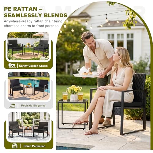 Flamaker 3 Pieces Outdoor Patio Wicker Furniture Set, Modern Rattan Chair Conversation Sets with Coffee Table for Yard and Bistro (Black) - Image 4
