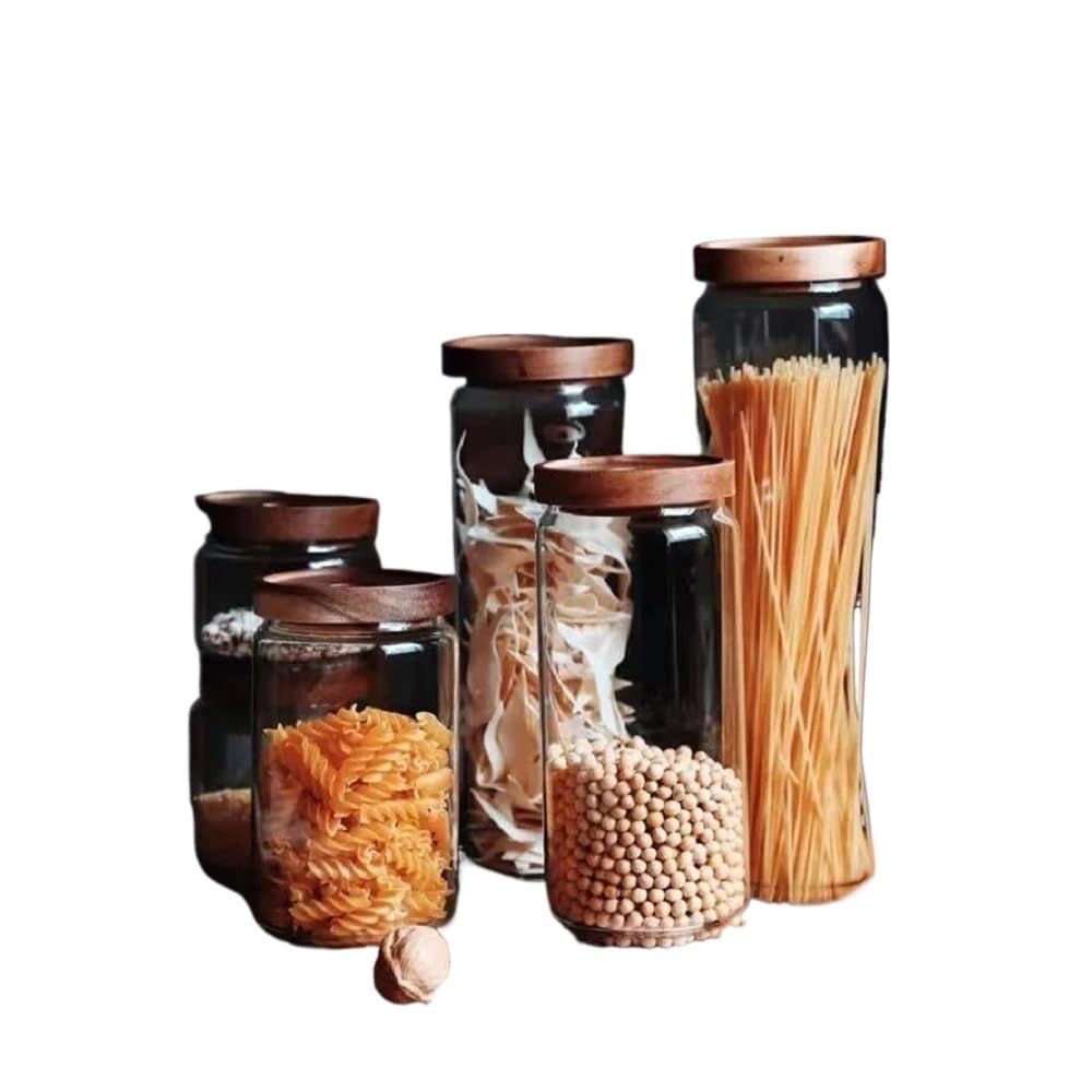 Hgniang 450/750/1000/1500ML Glass Food Storage Canisters, Kitchen Jars With Airtight Bamboo Lids For Pasta Coffee Beans&Candies