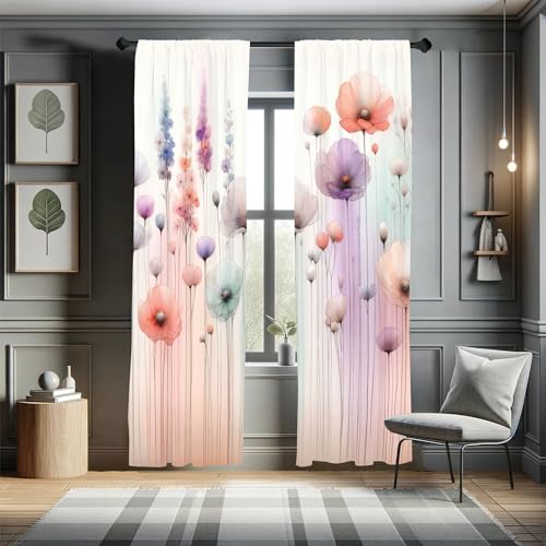 Ambesonne Floral Window Curtains, Dreamy Silhouettes of Fantasy Woods Gentle Poppy Flowers and Lavenders, Lightweight Decorative 2-Panel Set & Rod Pocket, Pair of - 28