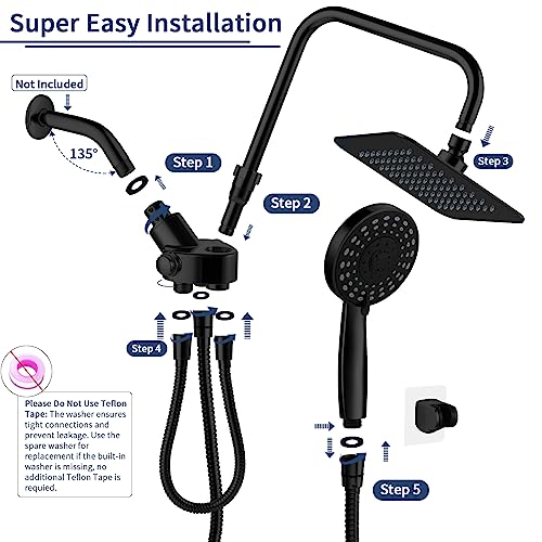 Vxv Rain Shower Head Combo, 8'' High Pressure Rainfall Shower Head With 5 Function Handheld Shower Spray, Dual Shower Head Combo With Adjustable Slide Bar, Luxury Matte Black #TOP5