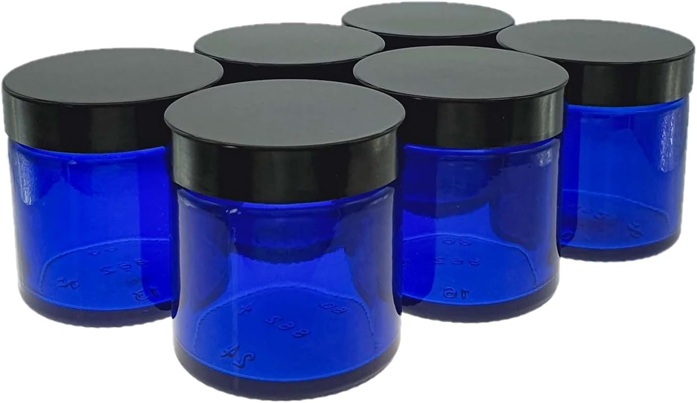Avalon 60ml Blue Glass Jar with Black Lid ~ Pack of 6 ~ Refillable, Reusable ~ Perfect Glass Jars for Cosmetics, Small Beads, Grooming Products, Face and Body Balms, and More