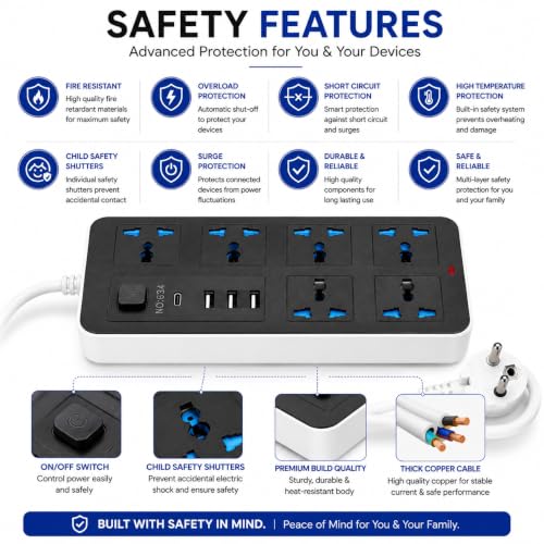 Image of 10 in1 Universal Extension Board with 6 Sockets 3 USB Ports & 1 PD Type-C Fast Charging |1.8M Cable | 2500W Power Strip with Switch | Multi Plug Cord for Home Office TV Computer & Mobile