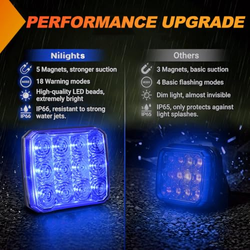 Image of Nilight Magnetic Strobe Lights 2PCS Blue 12 LED Rechargeable Emergency | 18 Flash Patterns Waterproof Hazard Beacon Wireless Warning Light for Trucks Trailers Snow Plows Buses Cars