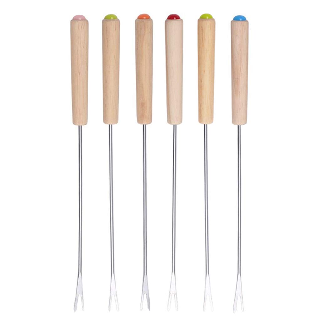 Hoshen 6PCS Wooden Handle Stainless Steel Chocolate Fork Fondue Fork Cheese Fruit Dessert Fork Barbecue Fork Kitchen Tool (6 Colors)