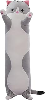 Cute Cat Plush Long Body Pillow – Soft Cartoon Stuffed Animal Doll, Kawaii Cat Plushie Toy Pillow Gifts for Kids, Girls & Girlfriend (Gray, 19.7 Inch)