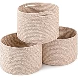 OIAHOMY Small Storage Baskets for Organizing,Closet Cube Shelf Storage, 9.8”×9.8”×7.1”, Woven Cotton Rope Gift Baskets for Nursery,Cute Dog Toy bins, Round 3 Packs, Brown
