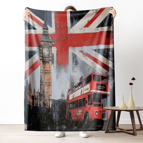 Sshjfeu Couverture Drapeau Britannique Urbain Rétro, Petit Plaid London Big Ben Bus, Couverture 70x100 1 Personne, Plaid Polaire Flanelle Douce et Chaude,...