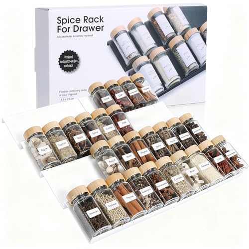AiQInu Especiero para Cajones 8 Piezas, Organizador de Cajones de Especias, Estante Especias Extensible de 23 a 46 cm, para Almacenamiento de Cocina, Encimera, Armario, Estante