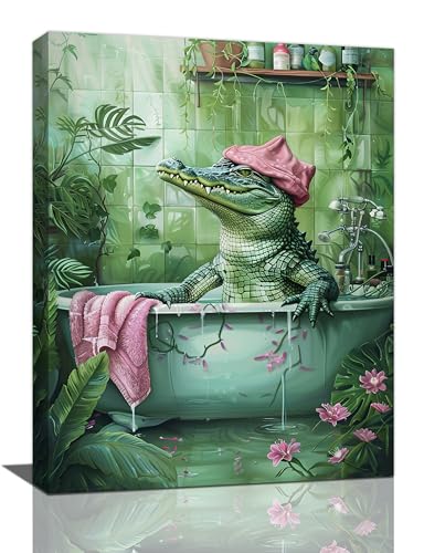 xiilo Crocodile Bathroom Wall Art Alligator Bathroom Pictures Decor Funny Toilet Canvas Painting Home Modern Artwork Decorations for Restroom 12 x 16 inch