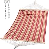 SUNCREAT Double Hammock Quilted Fabric Swing with Spreader Bar, Detachable Pillow, 55” x79” Large Hammock, Red Stripes