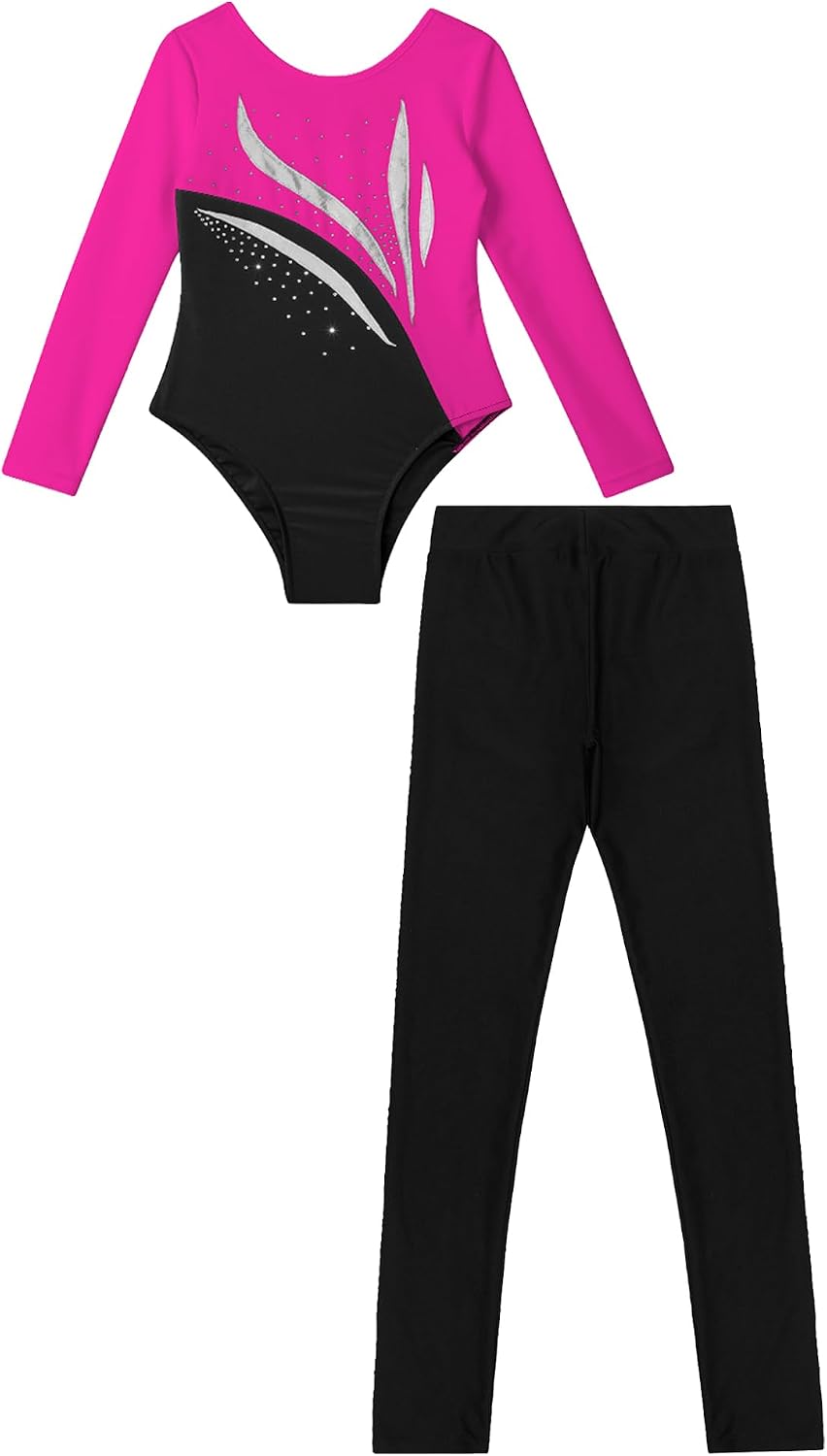 Jhaoyu Kids Girls 2 Piece Outfits Long Sleeve Shiny Gymnastics Leotards with Leggings Set Sport Dance Tracksuit