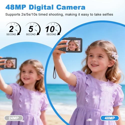 Image of Digital Camera, Autofocus 4K Point and Shoot Digital Cameras with 16X Zoom Anti Shake, 48 MP Cameras for Photography with 64GB Card, Compact Portable Small Camera for Kids Girls Boys Beginners, Black