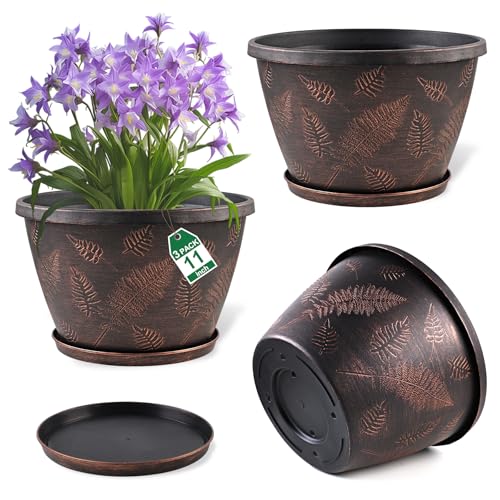 Svxtoby 11 inch Plant Pot, 3 Pack Large Pots for Plants, Flower Pots with Drainage Hole & Saucer, Modern Planters for Indoor Outdoor Plants, Decorative Plastic Garden Pots (Copper)