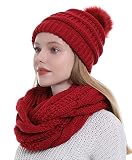 Double Couple Womens Scarf Beanie Hat with Faux Fur Ball Set Thick Winter Cable Knitted Circle Loop
