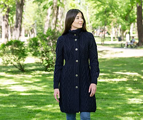 Saol 100% Merino Wool Aran Cable Long Knit Women Cardigan Coat With Celtic Knot Buttons (Navy, Large) #TOP4
