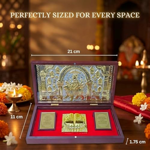 Image of Maa Durga Pocket Temple for Wedding Gift, Housewarming Gift & Pooja Room Decor | Gold Plated Ambe Maa Photo Frame with Charan Paduka - 8.4 x 4.5 Inch - Pack of 1
