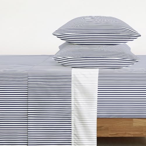 Image of Wake In Cloud - Striped Bed Sheets, 4-Piece Sheet Set, Ticking Vertical Pin Stripe Modern Farmhouse Pattern Printed Bedding, Deep Pocket, Navy Blue White, Queen Size