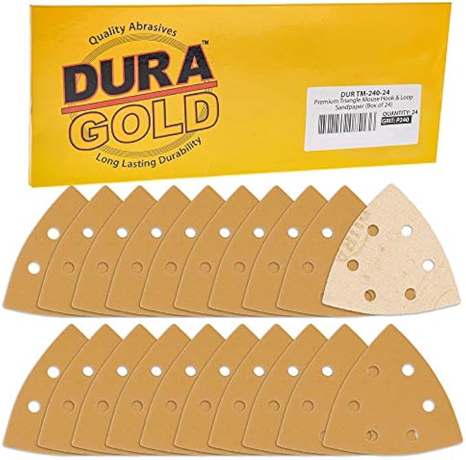 Dura-Gold Premium Triangle Mouse Sanding Sheets - 240 Grit (Box of 24) - 6 Hole Pattern Hook & Loop Triangular Shaped Mouse Sander Discs - Aluminum Oxide Abrasive Sandpaper - Woodworking, Crafting