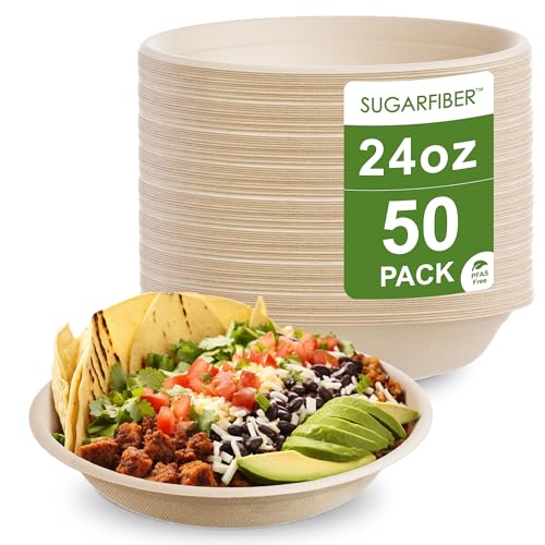 [50 COUNT]Harvest Pack PFAS FREE 24oz Compostable Bowls Round Paper Bowls Heavy-Duty Eco-Friendly Disposable Bagasse Bowl sugarcane made plant fibers for Meal Prep
