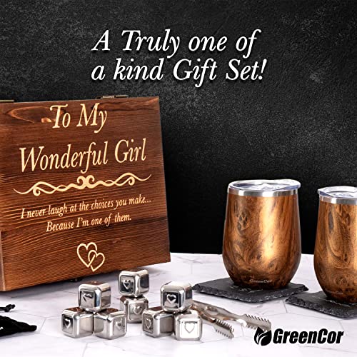 Greencor Anniversary For Her | Girlfriend | Wife - Engraved 'To My Wonderful Girl' Wine Tumbler Set - Birthday Gifts For Her | Wedding Anniversary | Valentines Day Romantic Set #TOP5