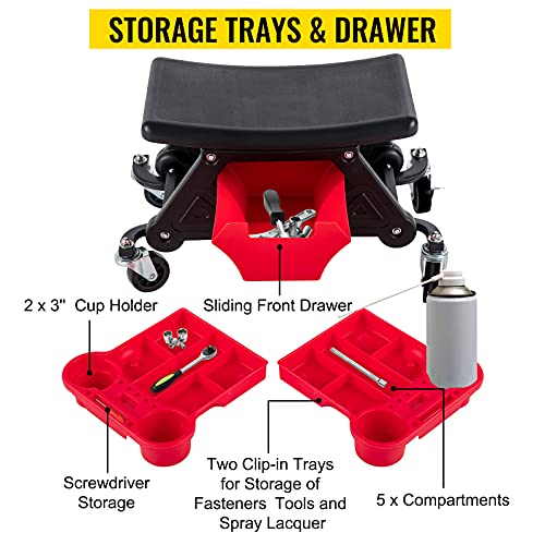 Vevor Mechanic Stool 300 Lbs Capacity Garage Stool With Wheels, Heavy Duty Rolling Mechanics Seat, With Three Slide Out Tool Trays And Drawer, Rolling Tool Seat For Automotive Auto Repair #TOP2