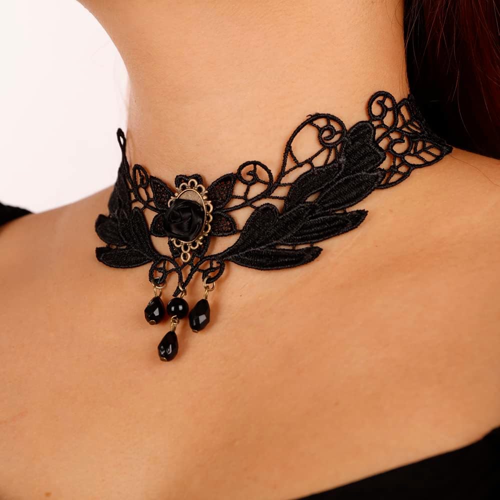 Missgrace Punk Dainty Black Flower Crystals Choker Necklace Boho Simple Short Lace Necklaces Fashion Rhinestones Chokers Vintage Necklace Black Chain for Women - Image 3