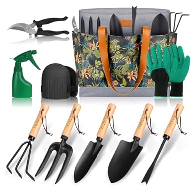 Foto di YAUNGEL Set di Attrezzi da Giardinaggio, 10 Pezzi in Acciaio Inossidabile ad uso intensivo con Manico in Legno Antiscivolo, Strumenti da Giardinaggio per Donne e Uomini, Nero