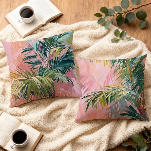 Image of Summer Pink and Green Tropical Palm Leaf Decorative Throw Pillow Cover Decor 18x18,Palm Leaf Botanical Decorative Lumber Beach Plant Throw Pillow Cover for Cabin Couch Double-Sided Set of 2